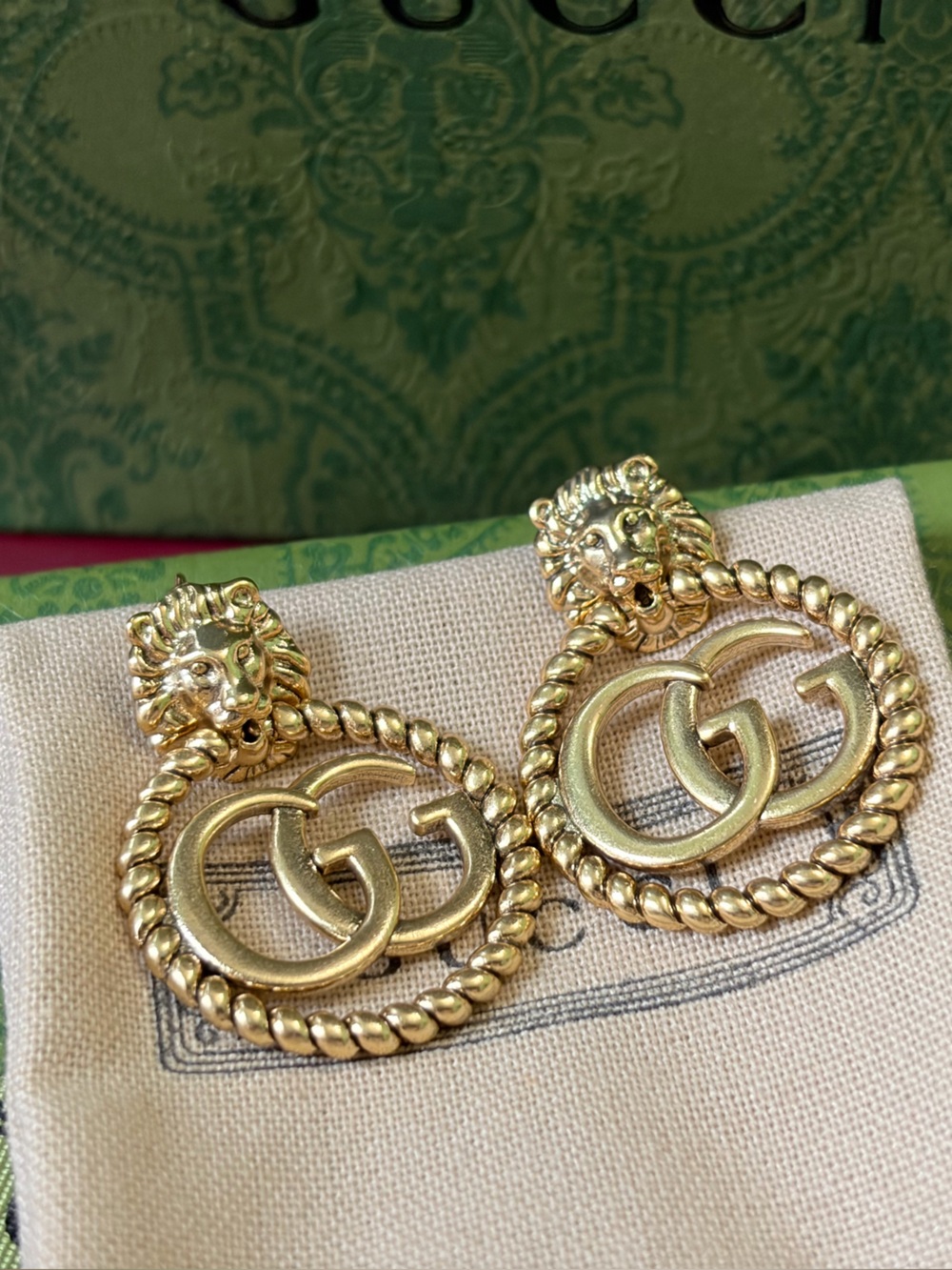 Gucci Gold Lion Head GG Hoop Drop Earrings